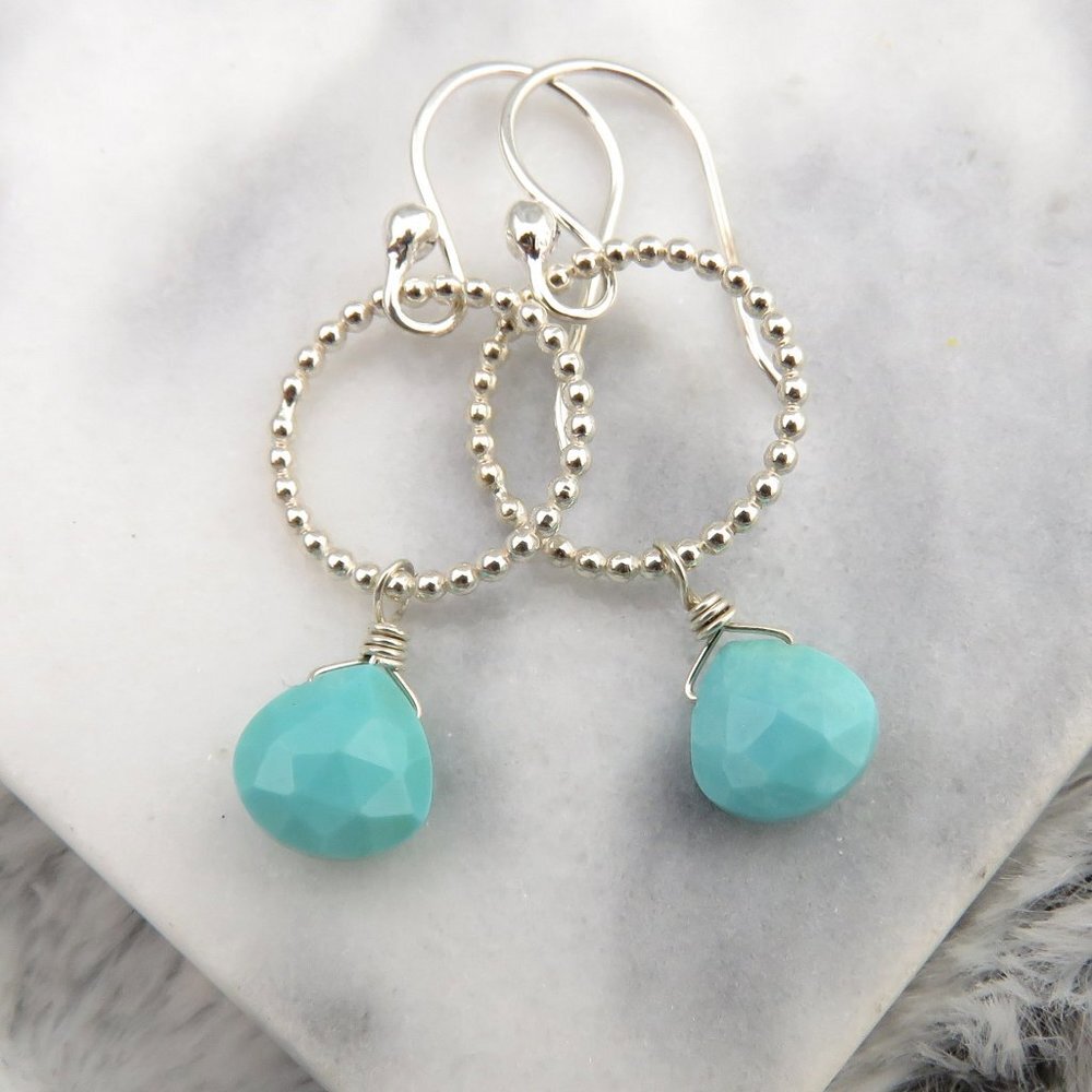 Sleeping Beauty Turquoise Earrings with Beaded Hoops in 925 Sterling Silver